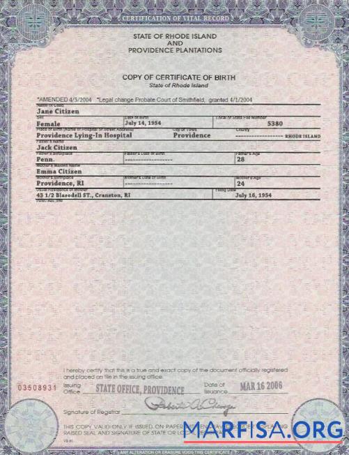 Realistic USA Rhode Island state birth certificate template in PSD format